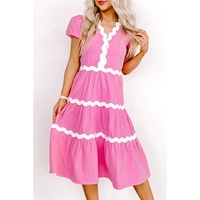 Bonbon Ric Rac Trim Short Puff Sleeve Flowy Midi Dress - L