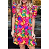 Rose Red Abstract Print Ruffle Sleeve Shift Dress - M