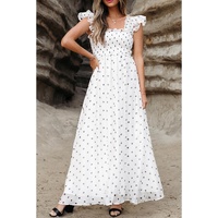 White Polka Dot Flutter Sleeve Square Neck Smocked Maxi Dress - L