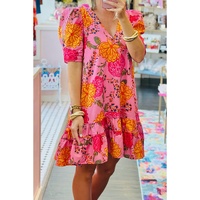 Pink Floral Bubble Sleeve V Neck Ruffled Mini Dress - L