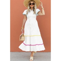 White Colorblock Rickrack Trim Short Sleeve Drawstring Waist Long Dress - S