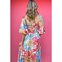 Rose Red Tropical Print Smocked Bodice Puff Sleeve Maxi Dress - XL