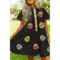 Black Glistening Easter Egg Sequin Trim Half Button Puff Sleeve Dress - S