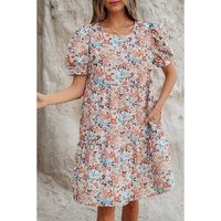 Apricot Bohemian Floral Print Short Puff Sleeve Mini Dress - L