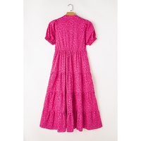 Rose Red Flower Mock Neck Puff Sleeve Tiered Maxi Dress - S