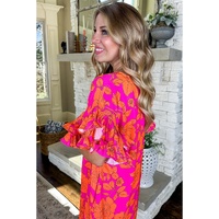 Pink Voluminous Ruffled Sleeve Floral Dress - L
