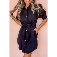 Black Button Up Tie Waist Puff Sleeve Mini Dress - M