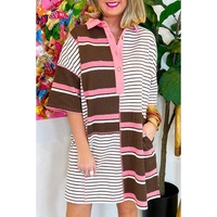 Brown Stripe Striped Textured Patchwork Buttoned T Shirt Dress - L