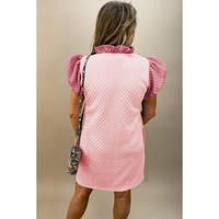 Light Pink Textured Puff Sleeve Ruffled V Neck Shift Mini Dress - L
