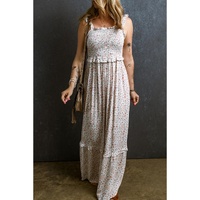 White Lace Frilly Straps Shirred Floral Maxi Dress - L