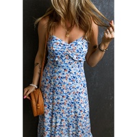 Sky Blue Floral Print Ruffled Ruched Maxi Dress - L