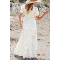 White Frilly Shirred Bodice Tiered Floral Maxi Dress - S