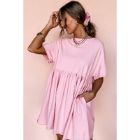 Light Pink Solid Color Pocketed Raw Edge Babydoll Dress - L