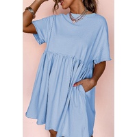 Sky Blue Solid Color Pocketed Raw Edge Babydoll Dress - M