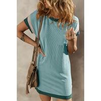 Moonlight Jade Textured Colorblock Edge Patched Pocket T Shirt Dress - L