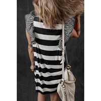Black Stripe Contrast Ruffled Sleeve T-shirt Dress - S