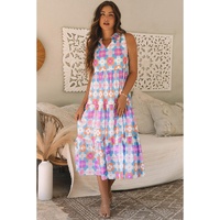 Sky Blue Floral Print Frilly Neck Sleeveless Tiered Maxi Dress - S
