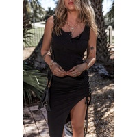 Black Drawstring Ruched Side Split Ribbed Midi Dress - M