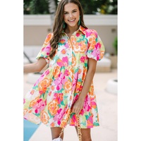 Pink Floral Puff Sleeve Collar Buttoned Babydoll Dress - L
