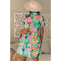 Green Floral Puff Sleeve Collar Buttoned Babydoll Dress - S