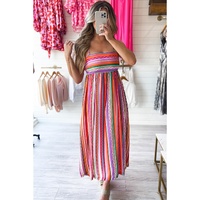 Multicolour Striped Thin Straps Smocked Back Boho Maxi Dress - L