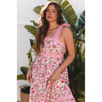 Pink Floral Lace Tied Strap Empire Waist Maxi Dress - XL