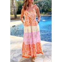 Orange Knotted Straps Leopard Colorblock Dress - L