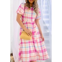 Pink Checkered Puff Sleeve Belted Midi Dress - M