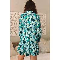 Green Floral Tiered Long Puff Sleeve Shirt Dress - S