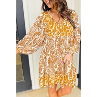 Orange Bohemian Print Puff Sleeve Tied V Neck Flared Mini Dress - L