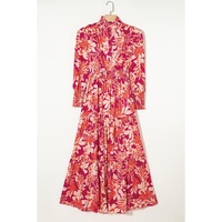 Rose Floral Print Buttoned Smocked High Waist Maxi Dress - L