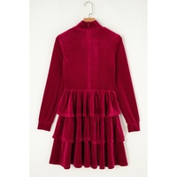 Racing Red Velvet High Neck Tiered Ruffle Mini Dress - M