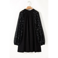 Black Glittering Mesh Sleeve Mock Neck Mini Dress - S
