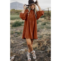 Gold Flame Corduroy Snap Buttons Empire Waist Bracelet Sleeve Dress - L