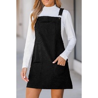 Black Solid Front Pockets Sleeveless Corduroy Overall Dress - L