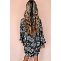 Black Floral Print Lapel Collar Loose Shirt Mini Dress - M