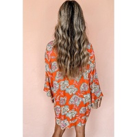 Red Floral Print Lapel Collar Loose Shirt Mini Dress - L