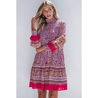 Purple Floral Smocked Puff Sleeve High Neck Mini Dress - S