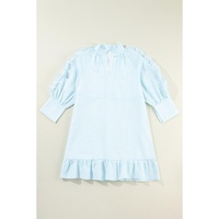 Myosotis Seersucker Ruffled Puff Sleeve Stand Neck Mini Dress - L