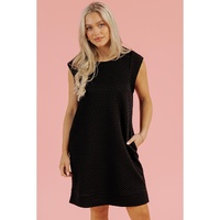 Black Textured Cap Sleeve T-shirt Shift Mini Dress - L