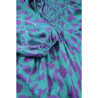 Sky Blue Abstract Print Puff Sleeve Tied Notched Neck Long Dress - M
