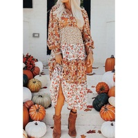 Khaki Floral Print Ruffled Tiered Long Sleeve V Neck Midi Dress - L