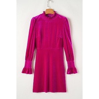 Rose Red Smocked Mock Neck Ruffled Puff Sleeve Velvet Mini Dress - XL