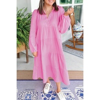 Bonbon Solid Collared V Neck Tiered Loose Fit Midi Dress - L