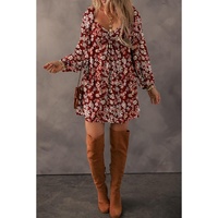 Red Floral Print Sweetheart Neck Shirred Back Mini Dress - M