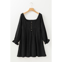Black Lace Crochet Buttoned Square Neck Shift Mini Dress - XL
