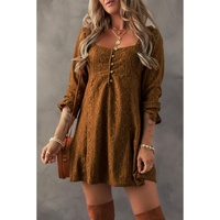 Chestnut Lace Crochet Buttoned Square Neck Shift Mini Dress - L
