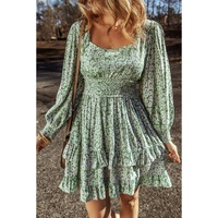 Green Floral Print Square Neck Shirred Waist Tiered Ruffled Mini Dress - S