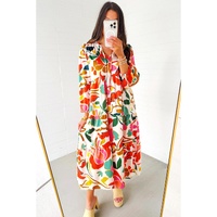 Orange Floral Print Split V Neck Tiered Maxi Dress - L