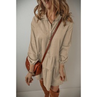 Tan Puff Sleeve Buttoned Tiered Pleated Shirt Mini Dress - L